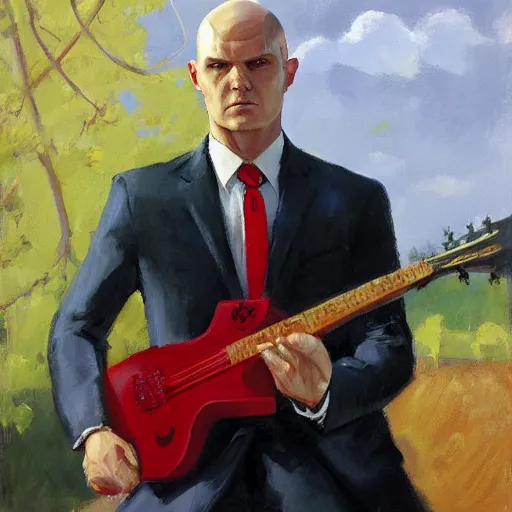 Image similar to a portrait of agent 4 7 from hitman wearing a red tie playing a guitar in a monestary garden by gregory manchess, james gurney, james jean