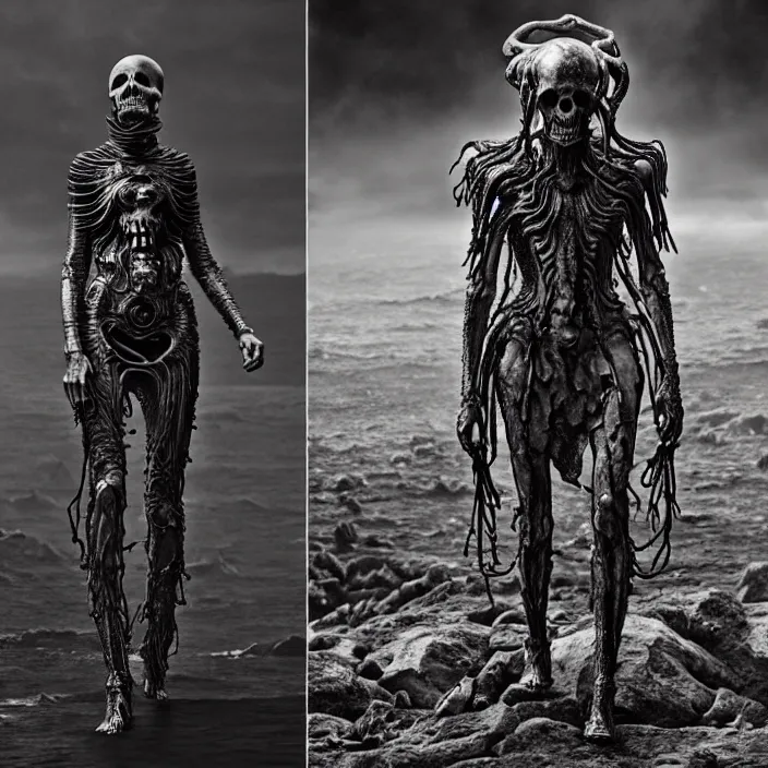 Image similar to still frame from Prometheus by Jakub Rozalski, intricate ornate Ossiarch Bonereaper by Wayne Barlowe by peter Mohrbacher by Giger, dressed by Alexander McQueen and by Neri Oxman, metal couture hate couture editorial