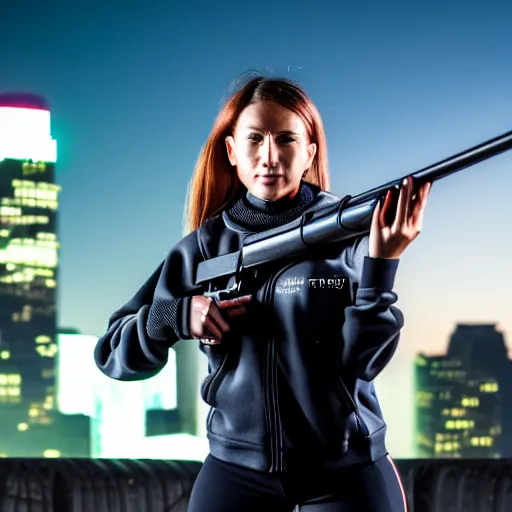 Image similar to photographic portrait of a techwear woman holding a shotgun, closeup, on the rooftop of a futuristic city at night, sigma 85mm f/1.4, 4k, depth of field, high resolution, 4k, 8k, hd, full color