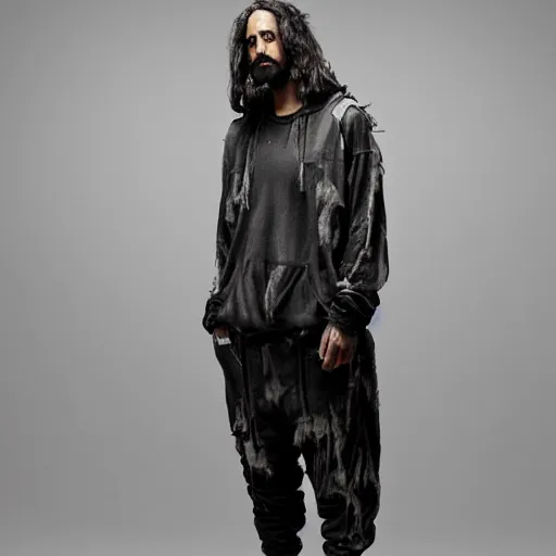 Prompt: jesus in jerry lorenzo streetwear hoodie and pants by nicola samori
