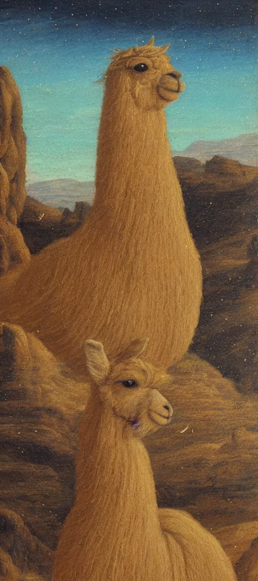 Image similar to detailed renaissance oil painting of an alpaca shaped building standing in the desert of pastel feathers lit by small fireflies at night