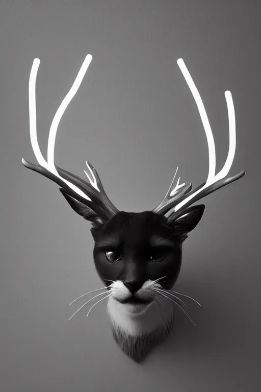 Image similar to geometric cat head with majestic low polygon deer antlers, award winning portrait shot, 4k studio lighting, bokeh, glowing whiskers , black and white, white highlights on antlers, bright white neon eyes