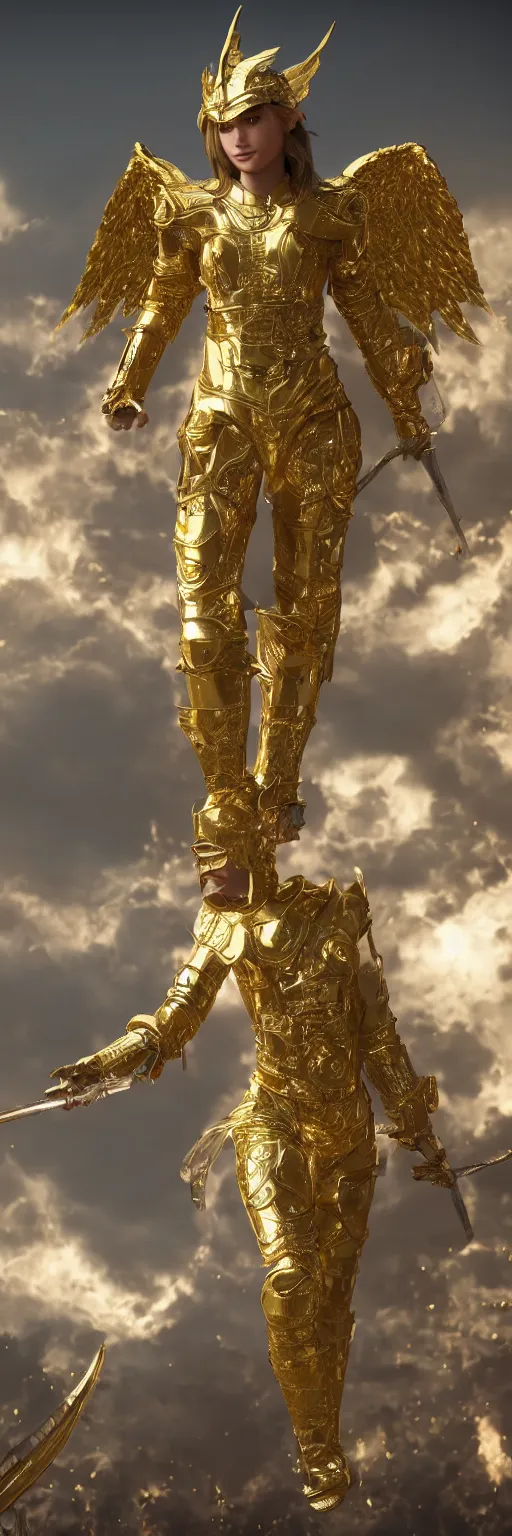 Image similar to a full length single young girl wearing a gold armor fighting angels in the sky, extremely realistic and highly detailed 8 k, sharp focus, octane render, dramatic volumetric lighting and extremely realistic faces