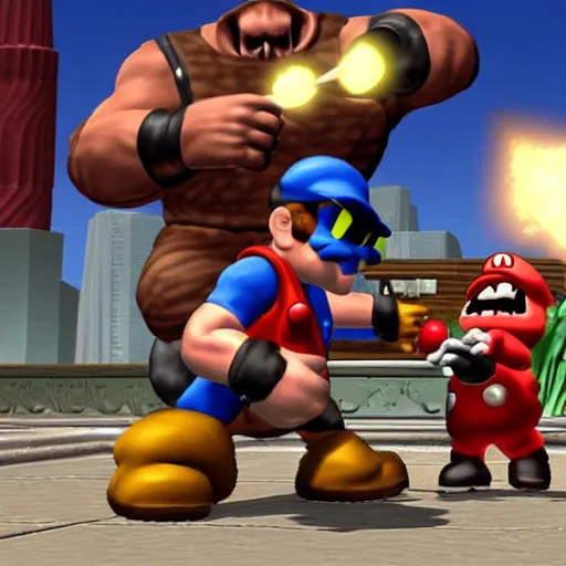 Image similar to Duke Nukem fighting Mario in the video game Super Smash Brothers