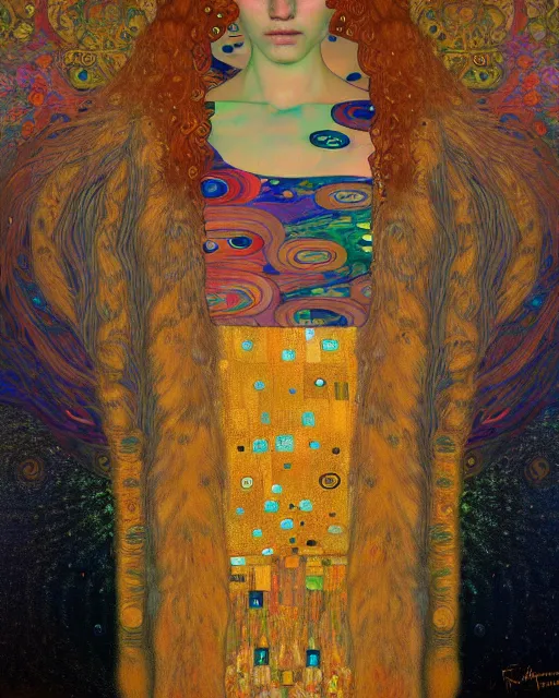 Image similar to forest cat portrait an oil painting splashes with many colors and shapes by gustav klimt greg rutkowski and alphonse mucha, polycount, generative art, psychedelic, fractalism, glitch art