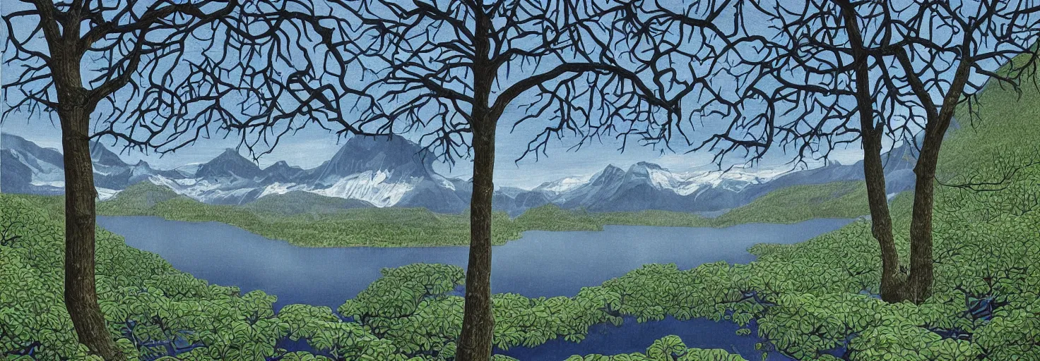 Image similar to escher painting of a lake, big trees reflecting on lake surface, mountains at background, snowy, ultra sharp, ultra detailed, dark emotion, colorized by salvador