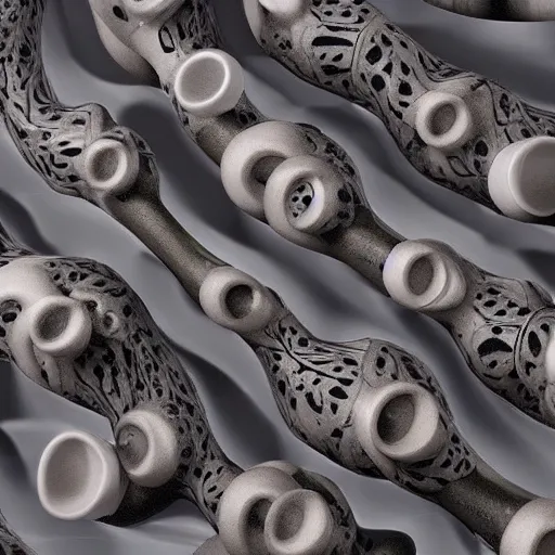 Prompt: an arrangement of biomorphic ceramic pipes in the shape of vocal tracts emerging from soil ejecting a pattern of fractal jet streams of air , highly detailed , 8k , octane ,