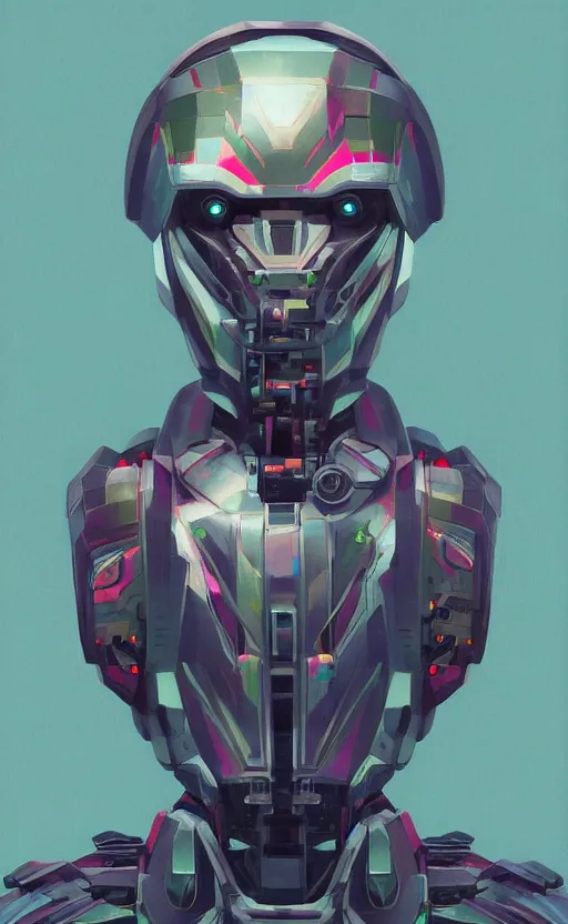 Image similar to upper half portrait of colourful army mecha robot, art by hsiao - ron cheng, highly detailed, digital painting, concept art, illustration, smooth sharp focus, intricate, symmetry, artstation,