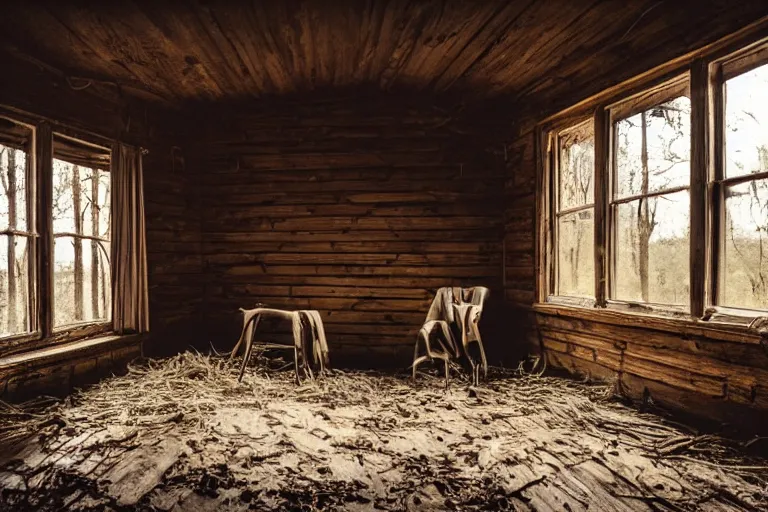 Image similar to a film production still, 2 8 mm, wide shot of a cabin interior, wooden furniture, cobwebs, spiderwebs, dynamic volumetric lighting, abandoned, depth of field, cinematic