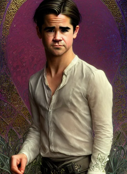 Prompt: teen colin farrell as a modern - day aristocrat wearing dress boots, detailed face, d & d, wet, shiny, fantasy, intricate, elegant, hyper detailed, ultra definition, photoreal, artstation, unreal engine rendered, concept art, smooth, sharp focus, illustration, art by artgerm and greg rutkowski and alphonse mucha and garis edelweiss
