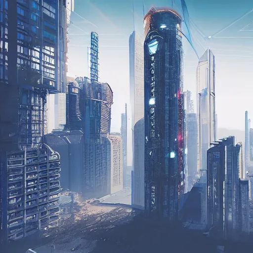 Prompt: cyberpunk-style skyscraper in a medieval city, ultrarealistic, HD, digital art