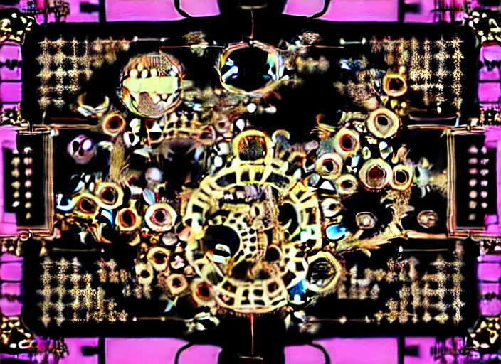 Image similar to baroque rococo bedazzled gothic royalty fractal frames surrounding a futuristic japanese cyberpunk bladerunner silk screen by utagawa yoshiiku, ohara koson, pixiv contest winner, cyberpunk style, horrorcore cyberpunk color scheme, mechanical, robotic, human machine interface, high resolution, hd, bold clear lines