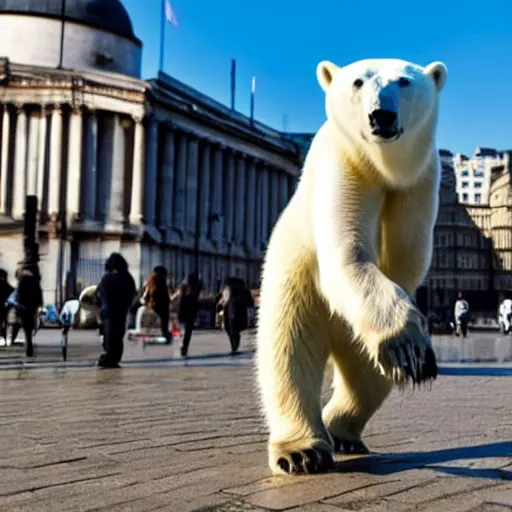 Prompt: polar bear walking across deserted trafalgar square