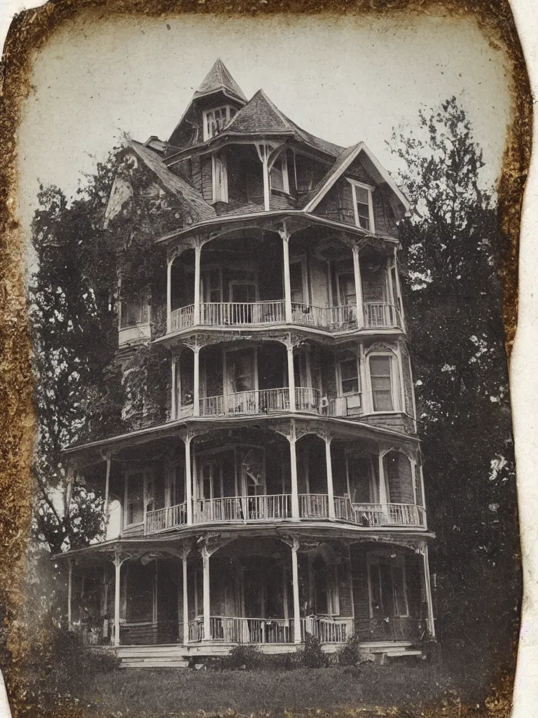 Prompt: tintype photograph. beautiful exterior view of an old victorian house. a creepy man's face is in the window