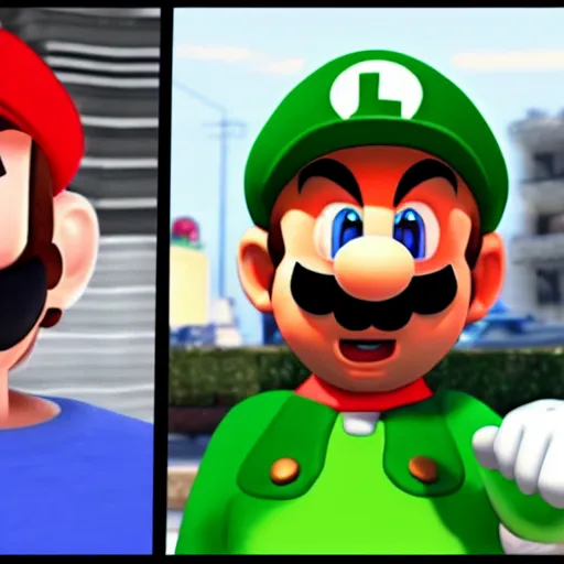 Image similar to Mario and Luigi as gangster in GTA 5 unreal engine 5 8k insane level of detail