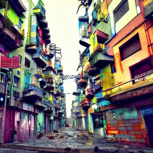 Image similar to barrio conurbano bonaerense in a cyberpunk style