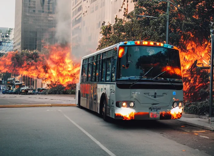 Image similar to a 3 5 mm photo of a city bus on fire, splash art, movie still, bokeh, canon 5 0 mm, cinematic lighting, dramatic, film, photography, golden hour, depth of field, award - winning, anamorphic lens flare, 8 k, hyper detailed, 3 5 mm film grain