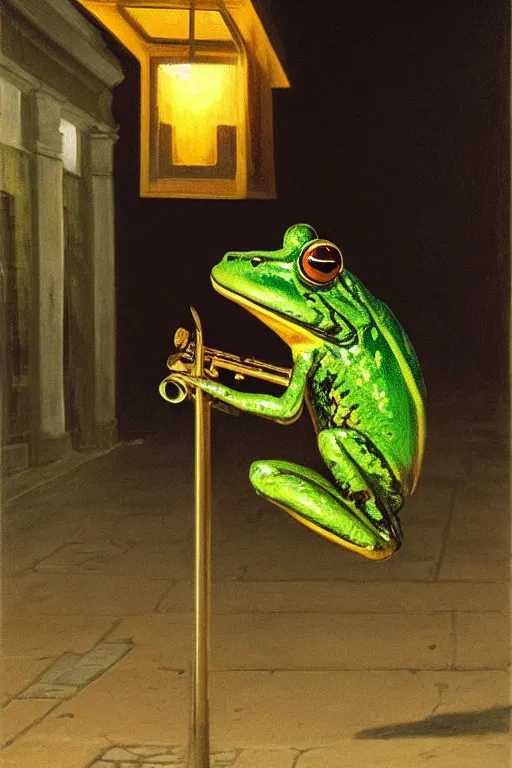 Image similar to a frog playing saxphone alone on a street corner, under a street lamp, at night, painting by edward poynter, trending on artstation