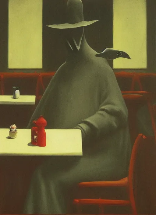 Prompt: plague doctor sitting at a crowded restaurant Edward Hopper and James Gilleard, Zdzislaw Beksinski highly detailed