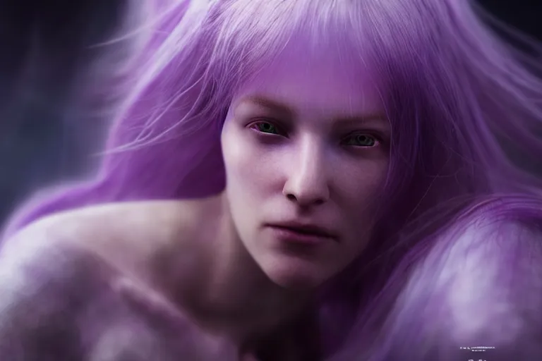 Image similar to an ultra realistic, cinematic, close up portrait, of a pale woman with flowing purple hair, soft light, dreamy, facial features, standing in a space ship wreck, sci - fi armor, detailed, deep focus, movie still, dramatic lighting, ray tracing, by michal karcz and yoshitaka and david cronenberg