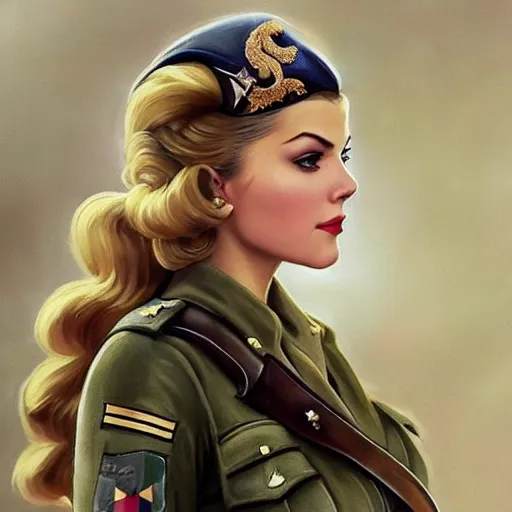 Image similar to A combination of Katheryn Winnick's and Grace Kelly's and Victoria Justice's appearances as a WW2 soldier, full body portrait, western, D&D, fantasy, intricate, elegant, highly detailed, digital painting, artstation, concept art, matte, sharp focus, illustration, art by Artgerm and Greg Rutkowski and Alphonse Mucha