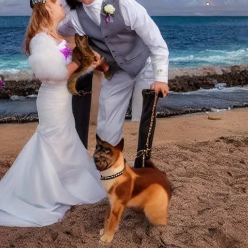 Image similar to a cat and dog getting married by the beach real life, hyper realistic, realistic, 4 k, 8 k uhd, intricate details, detailed, great detail