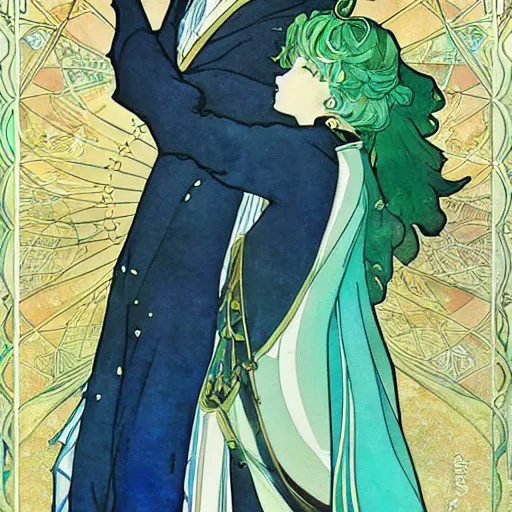 Image similar to the sailor neptune and the sailor uranus. beautiful, realistic painting by mucha and kuvshinov and bilibin. watercolor, thick lining, manga