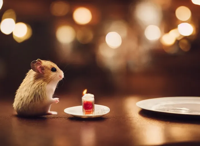 Prompt: photo of a hamsters on a date, kissing, at night, romantic, faded colors, candlelit restaurant table, cinematic color grading, various poses, soft light, centered, sharp focus, 8 k