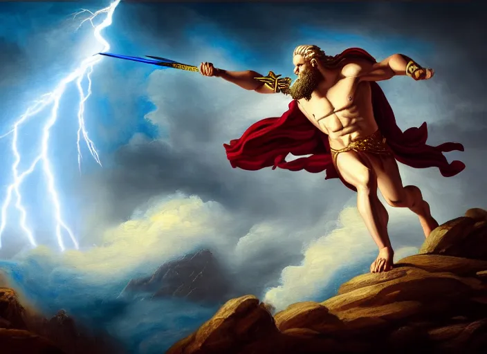 Image similar to soft painting of zeus fighting chronos with a spear of lightning at the top of mount olympus. fantasy style. highly detailed 8 k. intricate. lifelike. soft light. nikon d 8 5 0 5 5 mm. dof. cinematic post - processing.