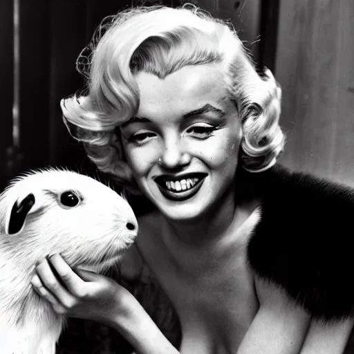 Prompt: Marilyn Monroe smiling while petting a guinea pig, black and white photograph