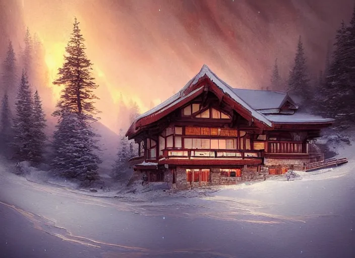 Image similar to mountain chalet covered in fire, smoke, sunrise, snow, sharp details, sharp focus, elegant, highly detailed, illustration, by Jordan Grimmer and greg rutkowski and PiNe(パイネ) and 薯子Imoko and 香川悠作 and wlop and maya takamura, intricate, beautiful, Trending artstation, pixiv, digital Art