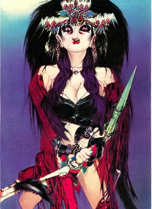 Image similar to mighty female korean vampiress, jeweled headdress, heavy mascara, strong line, saturated color, beautiful! coherent! by frank frazetta, high contrast, minimalism