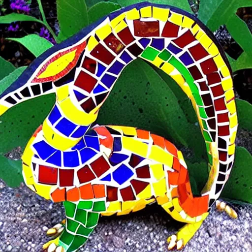 Prompt: mosaic sculpture of a alebrije chimera!!!, irregularly shaped mosaic tiles, hand glazed pottery shards, in the style of folk art, in a cottagecore flower garden