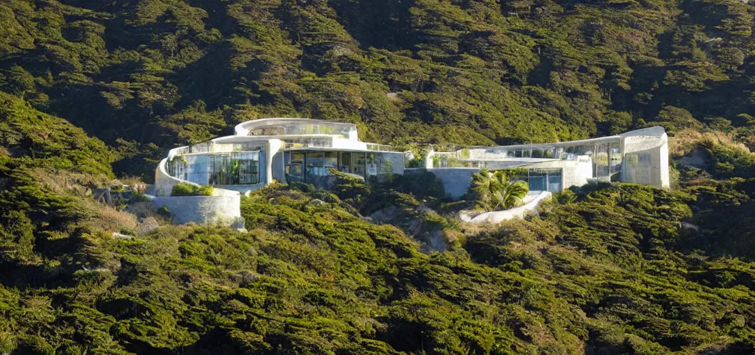 Image similar to castle designed by renzo piano overlooking big sur. landscape design by roberto burle marx.