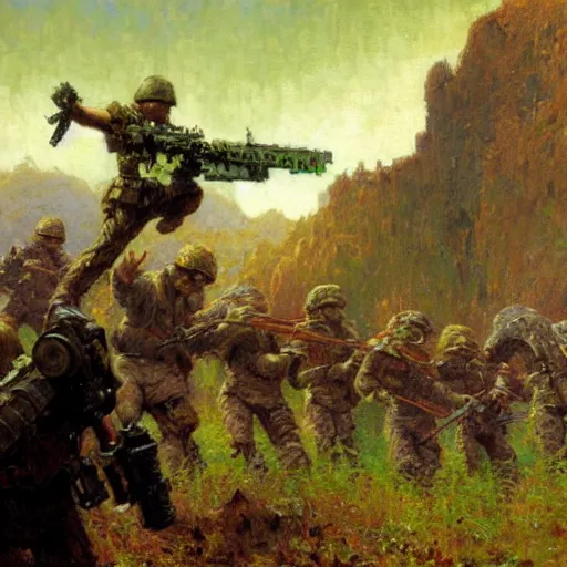 Image similar to soldiers being killed by fantasy minecraft creeper, painting by Gaston Bussiere, Craig Mullins