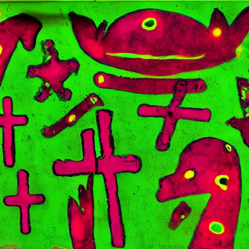 Prompt: fluo green cave painting of crosses and ufos