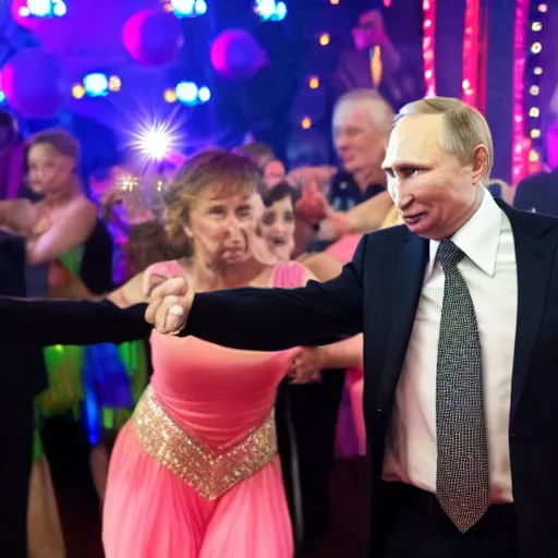 Image similar to putin tears up the dance floor, disco party