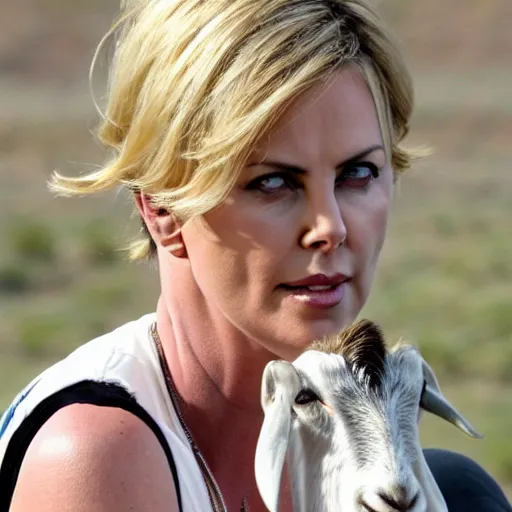 Prompt: Charlize Theron being mad at a goat, close-up of her face