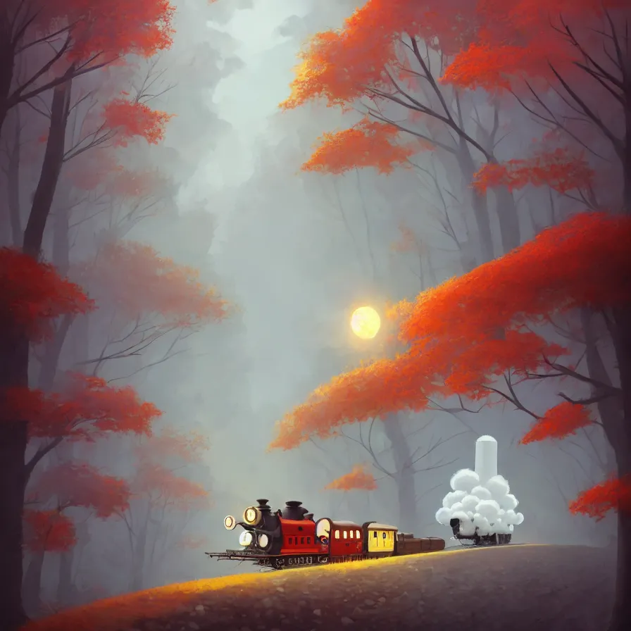 Image similar to Goro Fujita illustrating An antique steam train with a large white cloud coming out of the chimney travels through a beautiful autumn forest along the railroad tracks, art by Goro Fujita, concept art, sharp focus, ArtStation