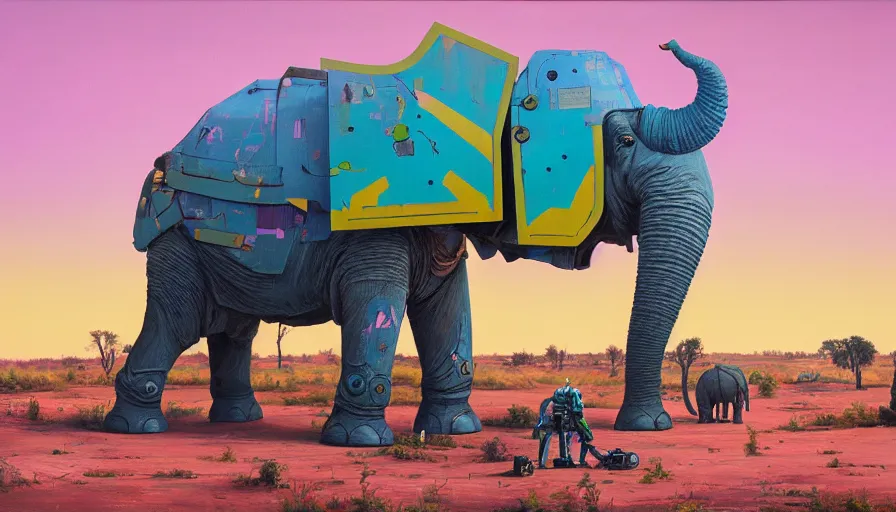 Prompt: an intricate oil painting of a giant south african armored elephant shaped scrap metal mecha by simon stalenhag, pink, yellow and cyan paint decals