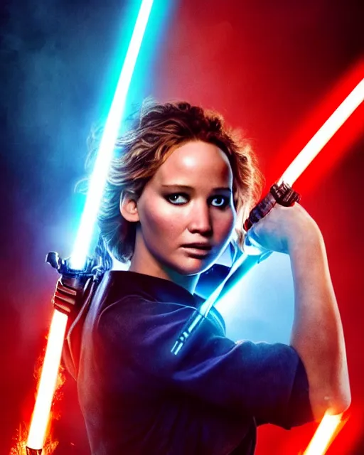 Image similar to jennifer lawrence as a jedi, battle scared with ripped clothes, holding up a blue lightsaber, very dark background, official new star wars episode xi movie poster from lucas arts, perfect symmetrical face, moody lighting, 8 k, shallow depth of field, intricate detail,