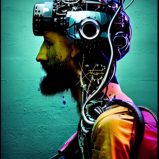 Image similar to Beautiful Photo of Arduino Uno in the robot's head. beard man. Cyberpunk. splatterpunk. 4K