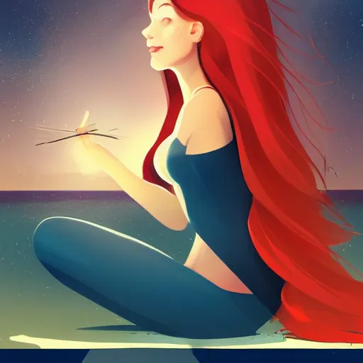 Image similar to a beautiful comic book illustration of a woman with long red hair sitting near a lake at night by daniela uhlig, featured on artstation