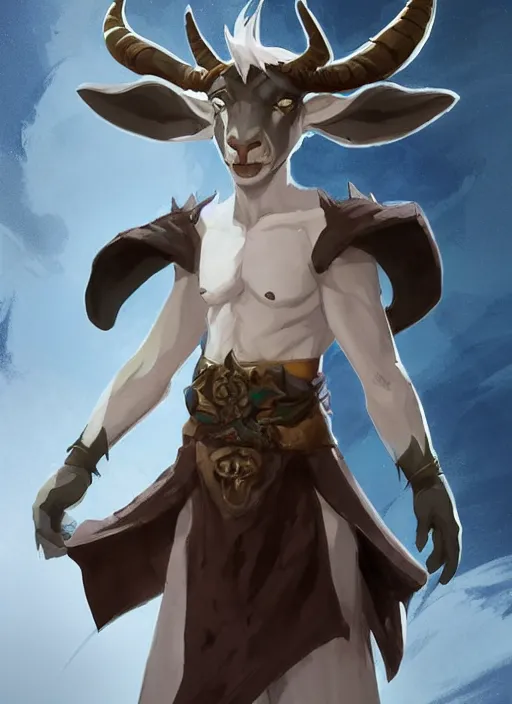 Prompt: concept art painting of a hybrid goat person with brown skin and short white hair, demon horns, elf ears, blue tunic and robes, detailed, d & d style, cel shaded, in the style of ruan jia and artgerm and makoto shinkai and james gurney