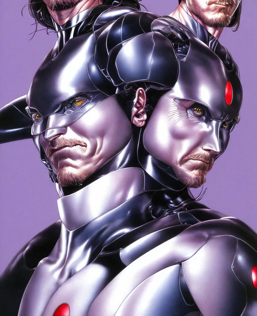 Image similar to realistic detailed portrait of christian bale 9 0 s movie poster symmetrical depth perception masterpiece depth of field vivid colors art by yoshitaka amano by yukito kishiro by yoshiyuki sadamoto by artgerm by hajime sorayama