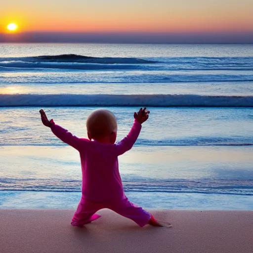 Prompt: Baby yoda doing yoga on the beach at sunset