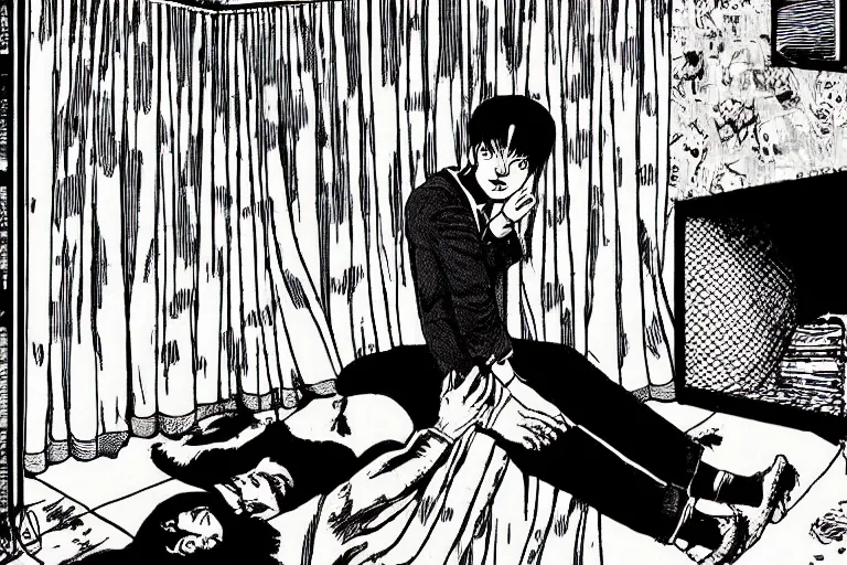 Prompt: desperate man in a upside down room, comic panel, horror, art by junji ito