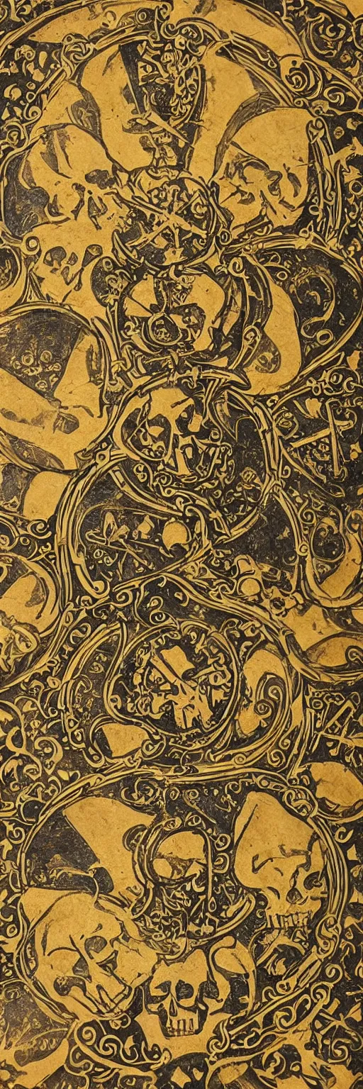 Image similar to magical medieval scroll containing many complex gold inlay symbols and luminous sigils and one a single punisher skull emblem. detailed, high art, intricate, artisan