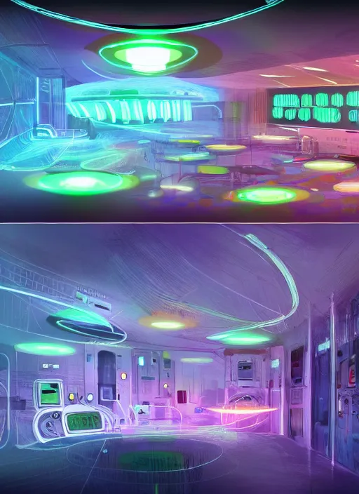 Image similar to high depth, collective civilization hospital!, fun, healing, energetic, life, hybrids, scifi, flashing glowing lights, published concept art, art in the style of all and none and everything and infinity, nightime long exposure