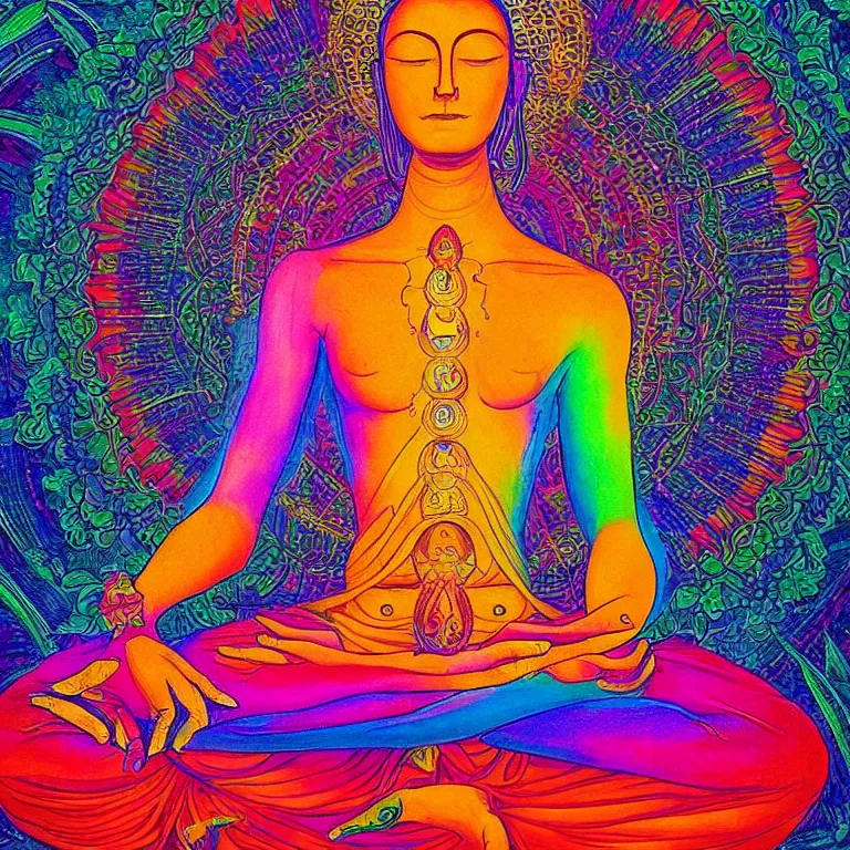 Prompt: human meditating supreme peace immense knowledge infinite color dmt art smooth refined